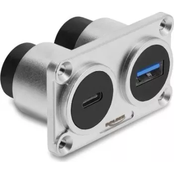 Delock Dual Panel Mount USB 3.2 Gen 1 Type-A żeńskie + USB 3.2 Gen 2 Type-C żeńskie z Power Delivery 100 W, srebrny