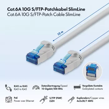 LogiLink Kabel krosowy Cat.6A Slim S/FTP LSZH, szary, 10 m, SlimLine