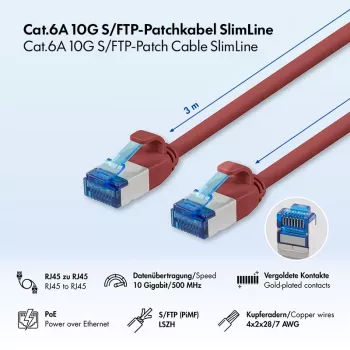 LogiLink SlimLine Cat.6A S/FTP LSZH Patch Cable, Czerwony, 3m, 10Gbps