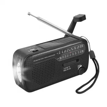 LogiLink Dynamo Radio z korbką ręczną i panelem słonecznym, AM/FM, ładowanie USB-C, latarka LED, alarm SOS, power bank, czarny