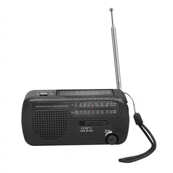 LogiLink Dynamo Radio z korbką ręczną i panelem słonecznym, AM/FM, ładowanie USB-C, latarka LED, alarm SOS, power bank, czarny