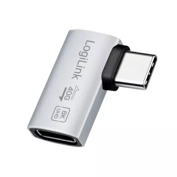 LogiLink USB4 Type-C 90° Adapter, C/M do C/F, 40 Gbps, 240W, 8K/60Hz, Aluminum, Srebrny