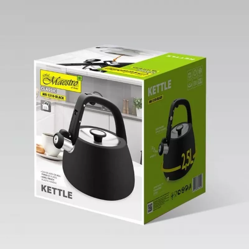 Czajnik na kuchenkę MEO Maestro 2,5 l, matowa czerń, stal nierdzewna, z gwizdkiem MR-1318-BLACK