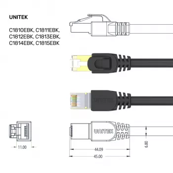UNITEK Cat.7 S/FTP 2.0m Przewód Ethernetowy, 10Gbps, 600MHz, Pozłacane RJ45, Czarny