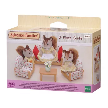 EPOCH Sylvanian Families Trzyczęściowa Grupa Siedząca - Zestaw Mebli do Salonu z Sofą, Fotelami, Stolikiem i Poduszkami