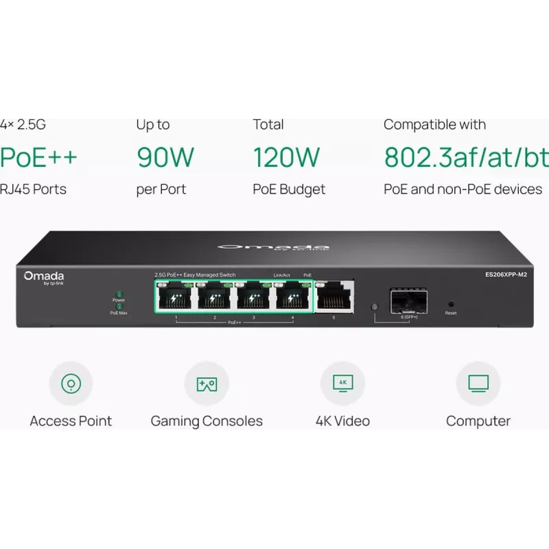 TP-Link Omada Easy Managed 5-Portowy 2.5G PoE++ Switch z 10G SFP+ Uplink (ES206XPP-M2)