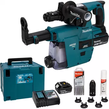 Makita DHR243JWX2 18V Bezszczotkowy SDS-Plus 3-trybowy Akumulatorowy Młotowiertarka z 2x 5.0Ah Bateriami, Ładowarką i Walizką Makpac
