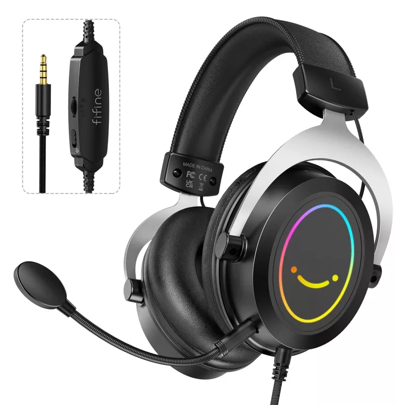 FIFINE H3 AmpliGame RGB Przewodowy Nauszny Zestaw Słuchawkowy do Gier z Odpinanym Mikrofonem, 50mm Przetworniki, USB-A, Czarny