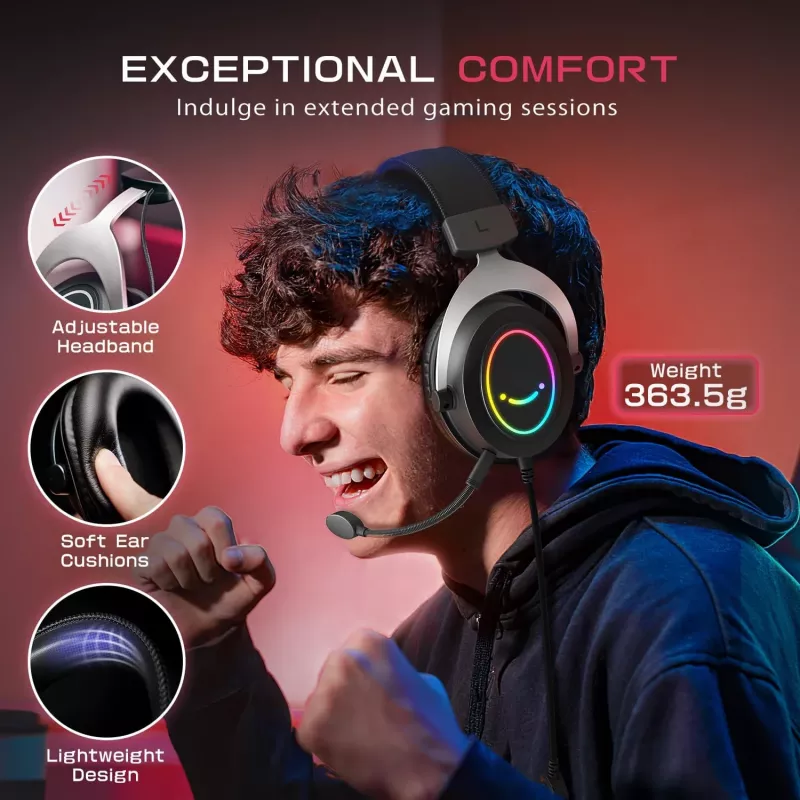 FIFINE H3 AmpliGame RGB Przewodowy Nauszny Zestaw Słuchawkowy do Gier z Odpinanym Mikrofonem, 50mm Przetworniki, USB-A, Czarny
