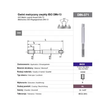 Gwintownik maszynowy M10 DIN 371B 6H HSSE-PM HL INOX do stali nierdzewnej