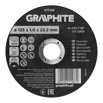 GRAPHITE 125 x 1.0 x 22.2 mm Tarcza do cięcia korundowa do metalu i stali nierdzewnej, 41 A60-T-BF, opakowanie 110 sztuk