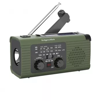 KM0836 Solarne radio awaryjne z alarmem SOS, power bankiem 5000mAh, latarką LED i korbką dynamo, FM/AM, czarny