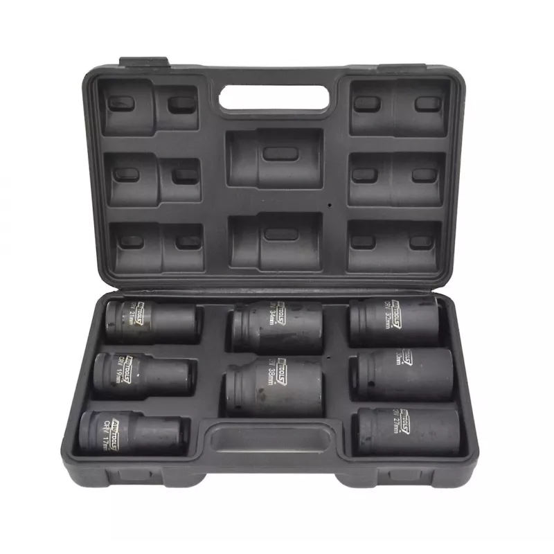 Zestaw nasadek udarowych głębokich AWTOOLS AW38855, 3/4 cala, 8-częściowy, metryczny, 24-41mm, Cr-Mo, 6-kątny, długi, czarny fosforanowany, DIN 3121, w walizce formowanej