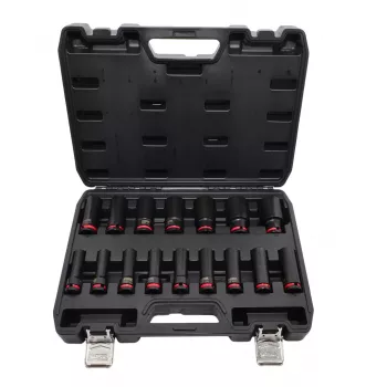 AWTOOLS 16-elementowy zestaw długich nasadek udarowych 1/2 cala, 10-32 mm, Cr-Mo, czarny fosforanowany, z walizką - Black Line
