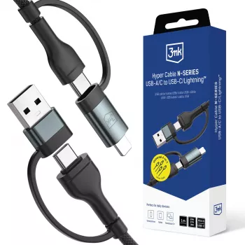 3mk Hyper Cable N-SERIES USB-A/USB-C do USB-C/Lightning 1,2 m 9V/2A 60W Czarny