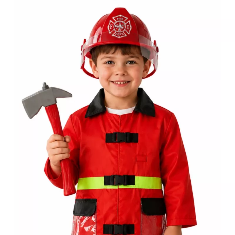 LEAN TOYS 158 Zestaw Strażaka z Hełmem, Gaśnicą i Łomem – Czerwony, Rozmiar uniwersalny, Wiek 3-8 lat