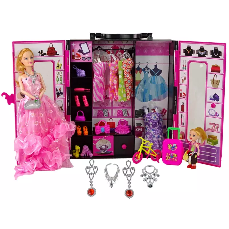 LEAN TOYS Lalka z Szafą na Ubrania i Przebieralnią dla Lalek w Walizce Beauty Girl