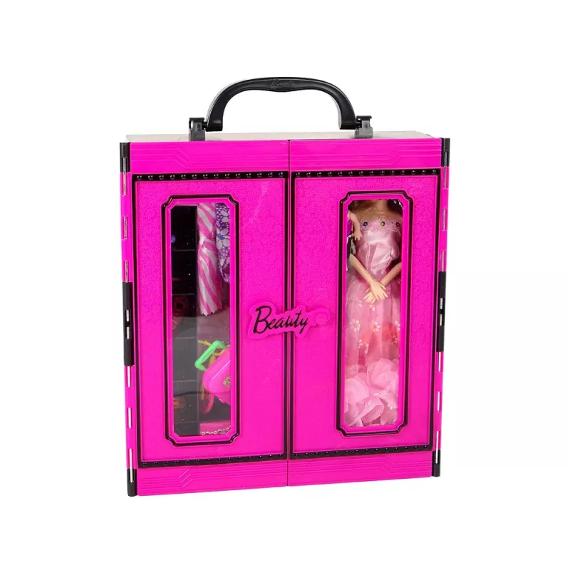 LEAN TOYS Lalka z Szafą na Ubrania i Przebieralnią dla Lalek w Walizce Beauty Girl