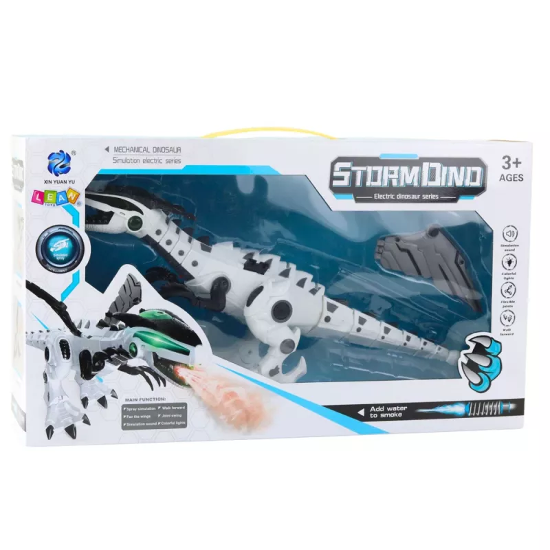 LEAN TOYS Zasilany bateryjnie robot dinozaur z ruchomymi skrzydłami, światłem i dźwiękiem, biały