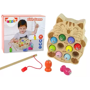 LEAN TOYS Drewniana gra w łowienie rybek z 2 wędkami Kociak
