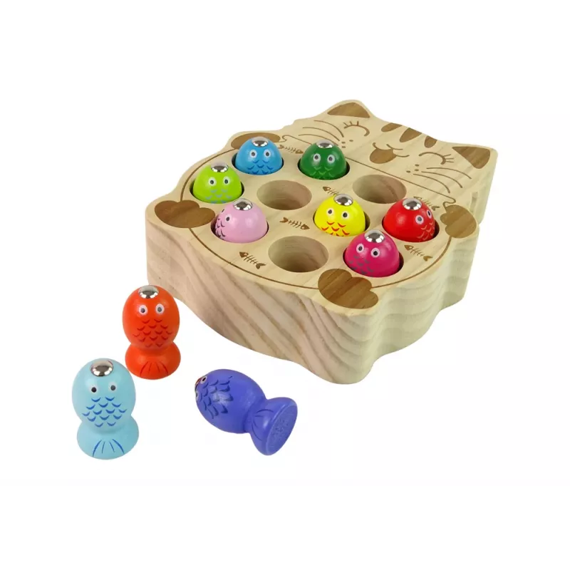 LEAN TOYS Drewniana gra w łowienie rybek z 2 wędkami Kociak