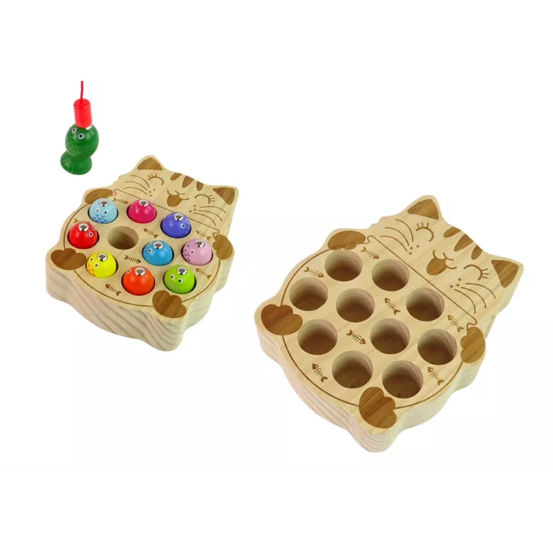 LEAN TOYS Drewniana gra w łowienie rybek z 2 wędkami Kociak