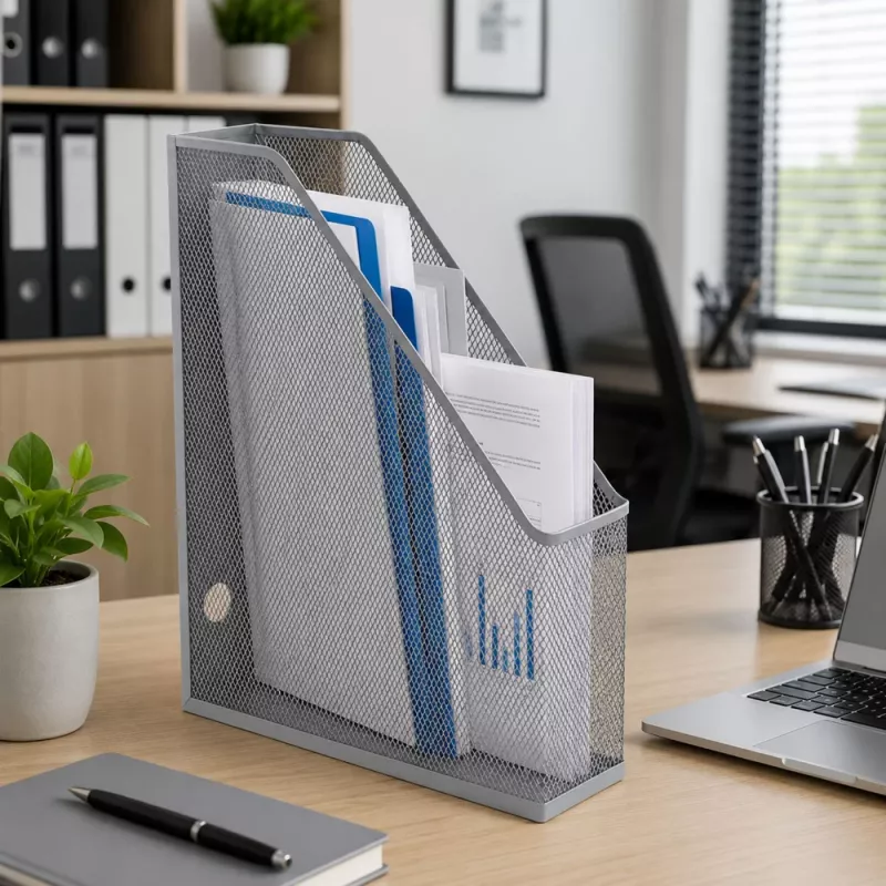 LEAN Metalowy biurowy organizer na dokumenty i teczki, pionowy, srebrny, A4