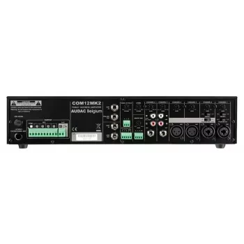 AUDAC COM12MK2 120W PA Mikser Wzmacniacz z wyjściami 100V/70V/4Ω, 2 Wejścia Mikrofonowe/3 Liniowe, Priorytet i Fantomowe Zasilanie, Montaż do Szafy Rack 2U, Czarny