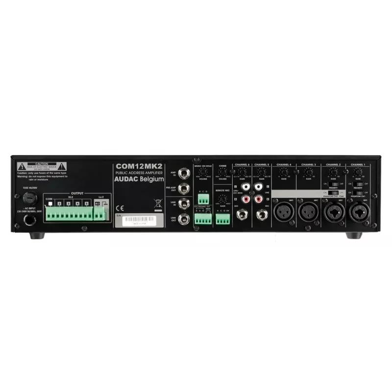 AUDAC COM12MK2 120W PA Mikser Wzmacniacz z wyjściami 100V/70V/4Ω, 2 Wejścia Mikrofonowe/3 Liniowe, Priorytet i Fantomowe Zasilanie, Montaż do Szafy Rack 2U, Czarny