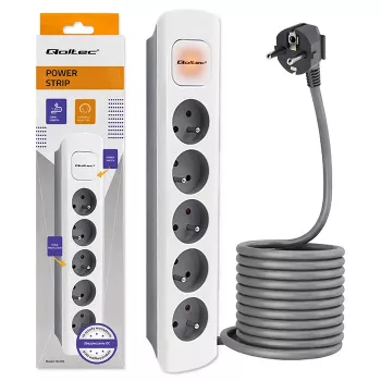 Qoltec 5-drożna listwa zasilająca z wyłącznikiem, kabel 1,8 m, biało-szara