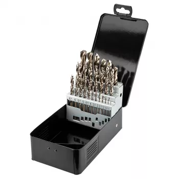 NEO TOOLS Zestaw 25 wierteł HSS-Co kobaltowych do metalu, 1,0–13,0 mm, szlifowane w całości, 135° szpic rozdzielony, DIN 338, metalowe pudełko