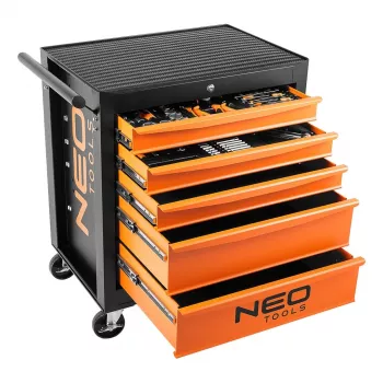 NEO TOOLS Szafka warsztatowa, 5 szuflad + 117 narzędzi, prowadnice kulkowe, centralny zamek, obciążenie statyczne 400 kg, czarna