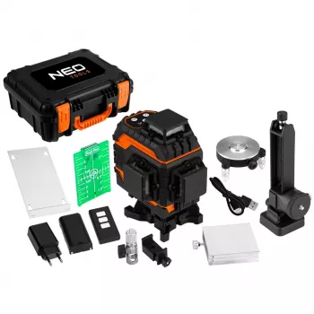 NEO TOOLS 75-141 3D poziomica laserowa, 16 linii, zielony promień, walizka, tarcza celownicza, uchwyt magnetyczny, ładowarka