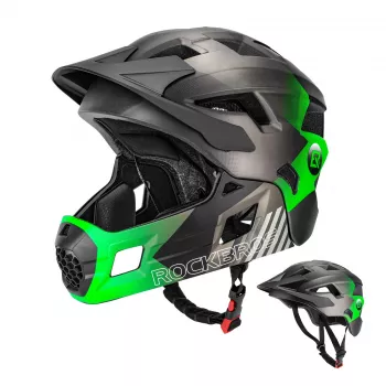 Rockbros TS-61 Konwertowalny kask rowerowy dla dzieci pełno-twarzowy z odpinaną osłoną podbródka, zielony, rozmiar S (48-54 cm)