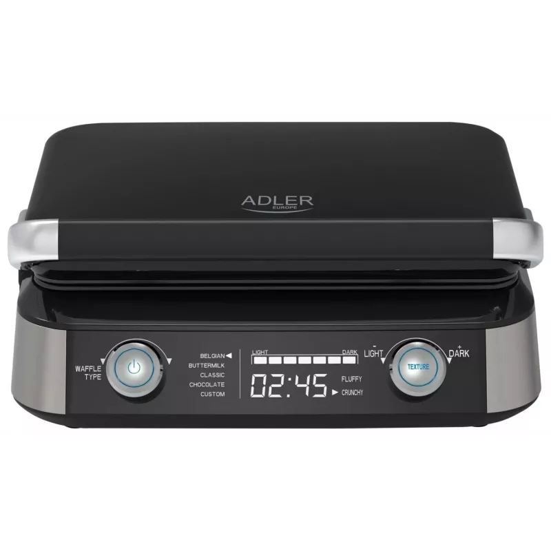 Adler AD 3084 gofrownica z wyświetlaczem LED, 5 programów, 7 poziomów zarumienienia, 1600 W (maks. 2400 W), płyty nieprzywierające, czarno-srebrna