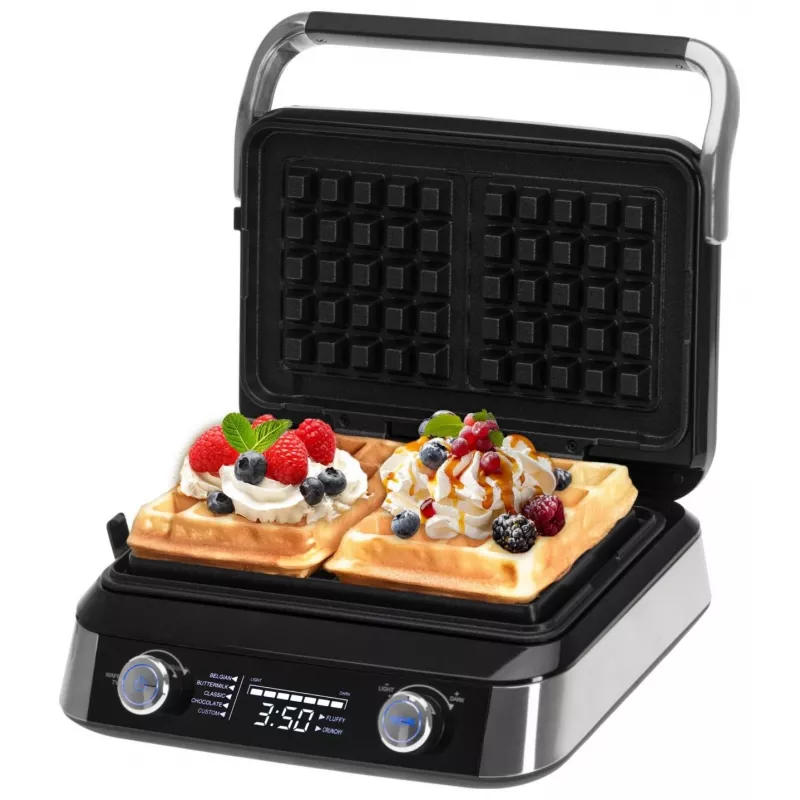 Adler AD 3084 gofrownica z wyświetlaczem LED, 5 programów, 7 poziomów zarumienienia, 1600 W (maks. 2400 W), płyty nieprzywierające, czarno-srebrna