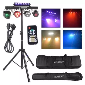 LIGHT4ME BEAM LASER STROBE LED PAR DERBY UV I - 4-w-1 wielofunkcyjne światło sceniczne z czerwonym/zielonym laserem, UV i sterowaniem DMX