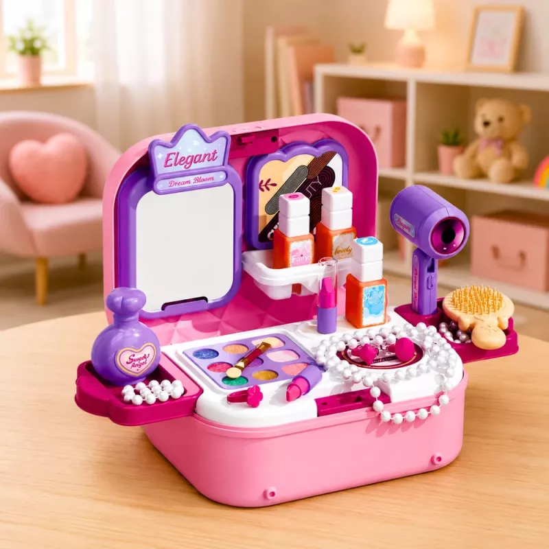 LEAN TOYS Przenośny zestaw kosmetyczny 2 w 1 z walizką, lusterkiem, kosmetykami i akcesoriami, różowy
