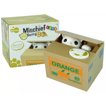 LEAN TOYS Mischief Saving Box Urocza Skarbonka Kotek - Biały Kot z Brązowym Pudełkiem