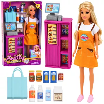 LEAN TOYS Anlily Lalka Kasjerka Sprzedawczyni Kasa Sklepowa Zestaw z Artykułami Spożywczymi