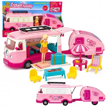 LEAN TOYS Zestaw podróżny Kamper z przyczepą Meble i akcesoria dla lalek Różowy