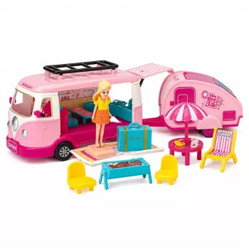LEAN TOYS Zestaw podróżny Kamper z przyczepą Meble i akcesoria dla lalek Różowy