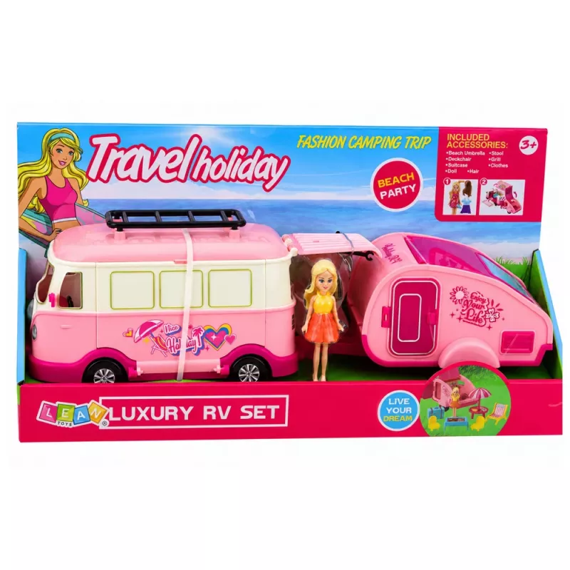 LEAN TOYS Zestaw podróżny Kamper z przyczepą Meble i akcesoria dla lalek Różowy