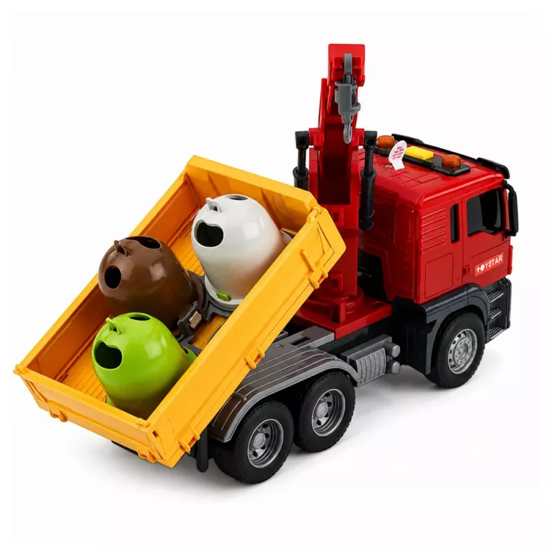 LEAN TOYS Ciężarówka z dźwigiem Pojemniki do sortowania śmieci Światło Dźwięk Czerwony