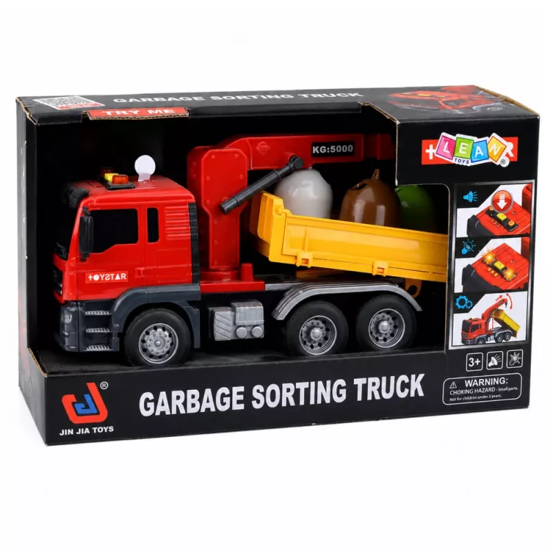 LEAN TOYS Ciężarówka z dźwigiem Pojemniki do sortowania śmieci Światło Dźwięk Czerwony