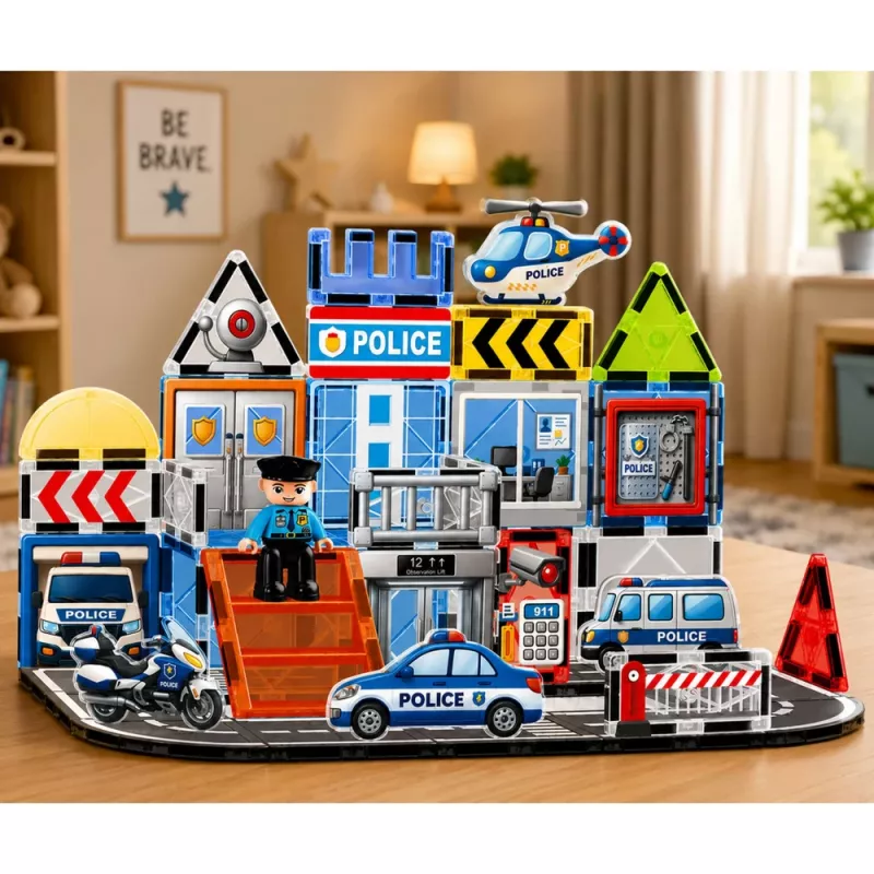 LEAN TOYS Magnetyczne Klocki Konstrukcyjne Baza Policyjna Pojazdy Policjant 44 szt.