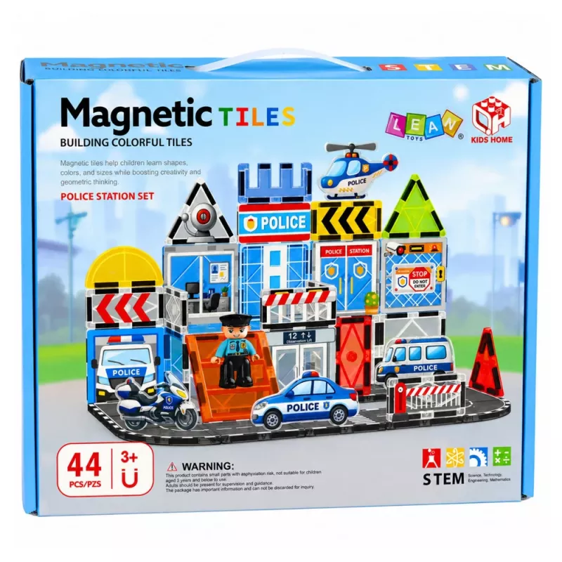 LEAN TOYS Magnetyczne Klocki Konstrukcyjne Baza Policyjna Pojazdy Policjant 44 szt.