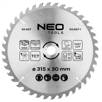 NEO TOOLS 315 mm TCT Brzeszczot do piły tarczowej, 40 zębów, otwór 30 mm, do cięcia drewna