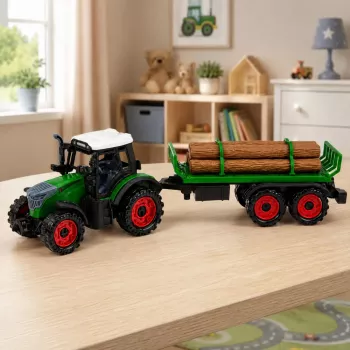 LEAN TOYS Rolnictwo Ciągnik rolniczy z przyczepą do kłód, napęd cierny, bela, 35 cm