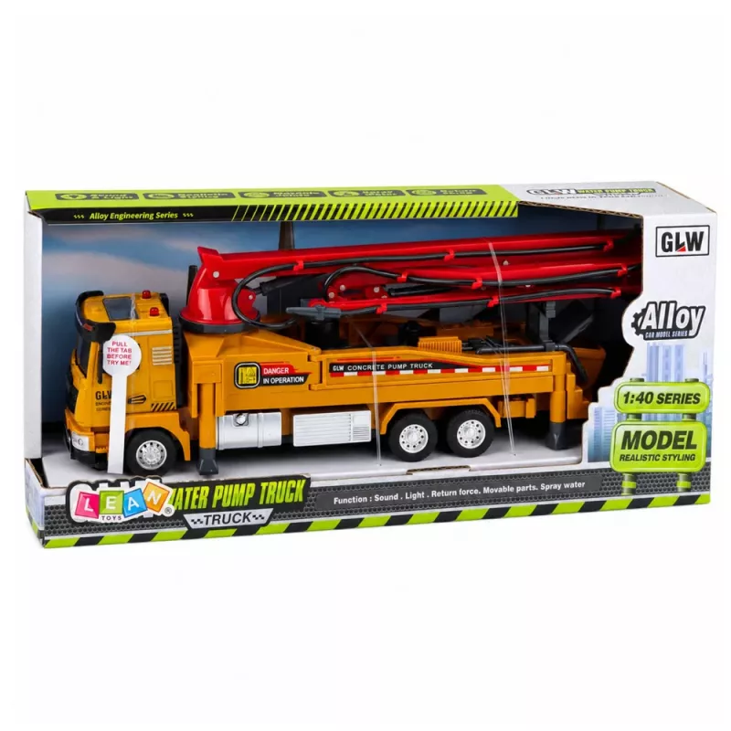 LEAN TOYS Betoniarka z pompą RC z światłami, dźwiękami, spryskiwaczem wody, skala 1:40